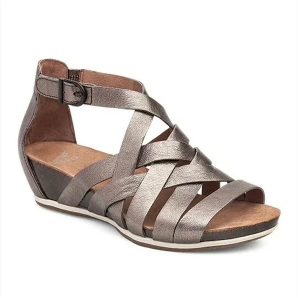 Dansko Vivian Gladiator Sandal Pewter Nappa Leather Strappy Wedge Size 9